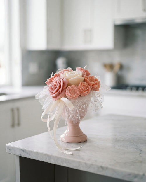 Ceramic Vase "Belle Maison” με χειροποίητα αρωματικά λουλούδια από κερί ελαιοκράμβης