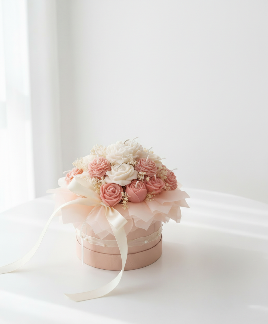 Gift Box "Petit Jardin” με χειροποίητα αρωματικά λουλούδια από κερί ελαιοκράμβης και κορδέλα με πέρλες